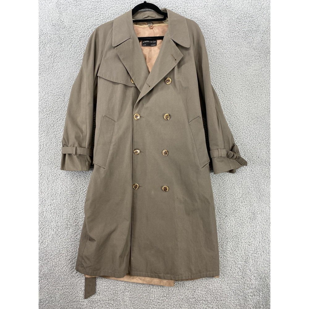 Pierre Cardin Trench Coat Mens L Khaki Double Breasted Belted Lined Raglan Vtg